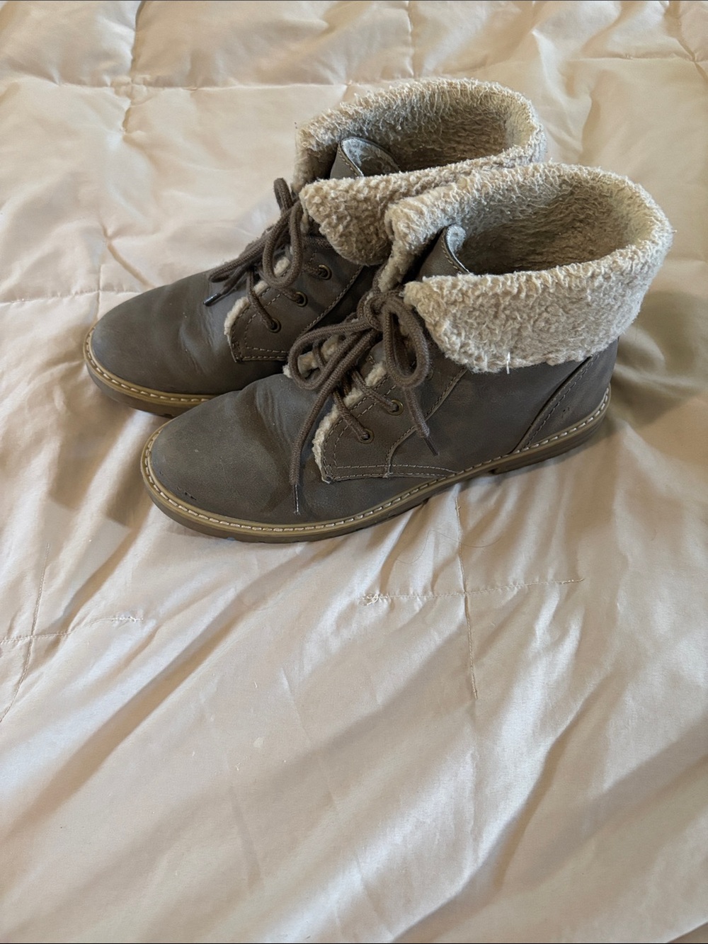 Sonoma Kids Taupe Lace-Up Faux-Sherpa Ankle Boots
